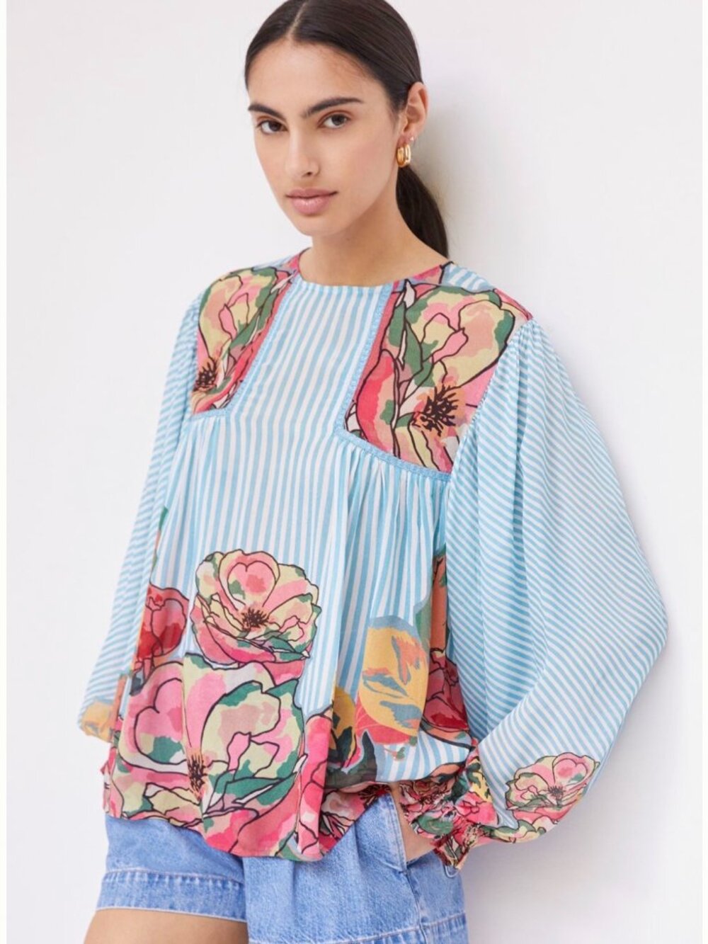 RARE Bl-nk Anthropologie Miranda Peasant Blue/White Stripes Floral Top Large